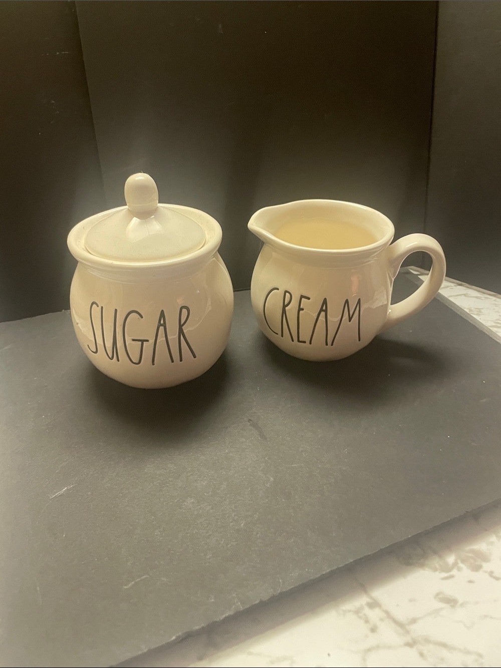 Rae Dunn Cream & Sugar Set in Off-White with Black Lettering